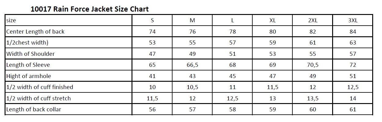 Size chart 10017 Rain force