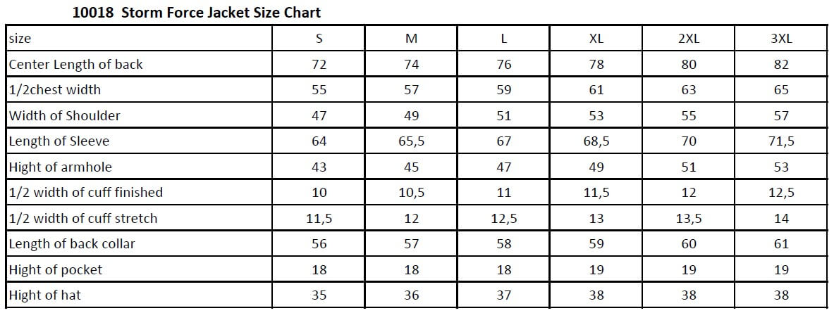 Size chart 10018